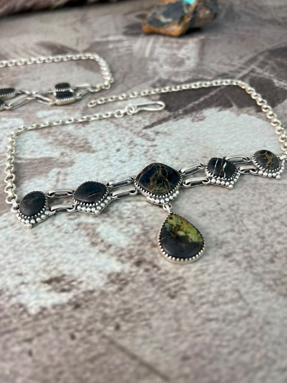 Handmade Sterling Silver Blackjack Turquoise Choker Necklace Signed Nizhoni