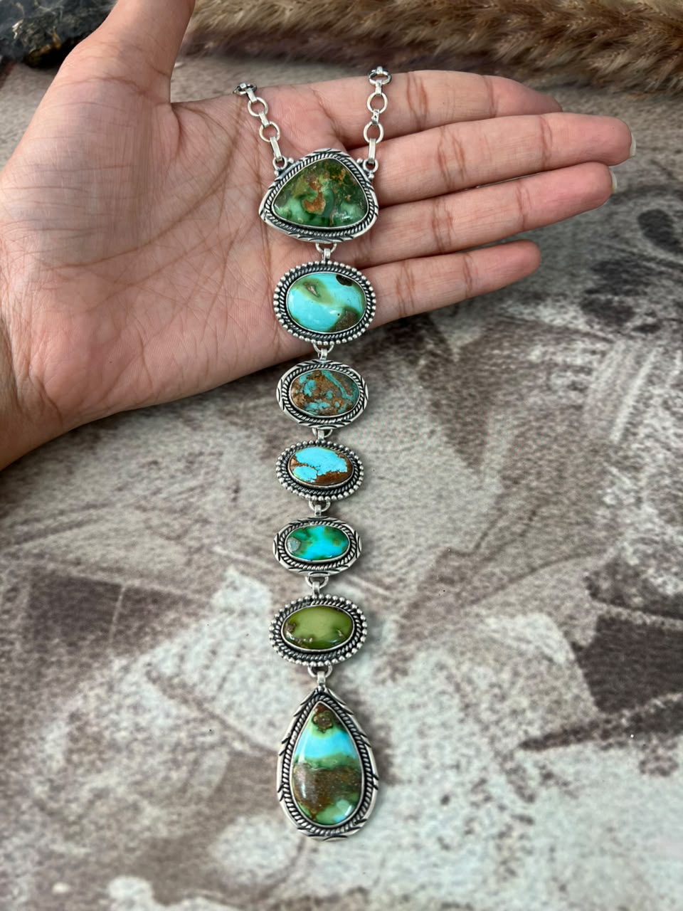 Handmade Sterling Silver Sonoran Mountain Turquoise Drop Necklace Signed Nizhoni