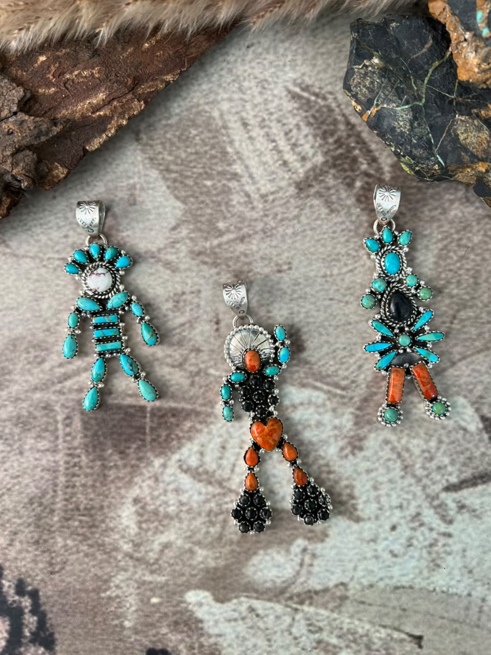 Handmade Sterling Silver Kingman Turquoise with Orange Mojave, White Buffalo and Wildhorse Magnesite Pendant Signed Nizhoni (9)