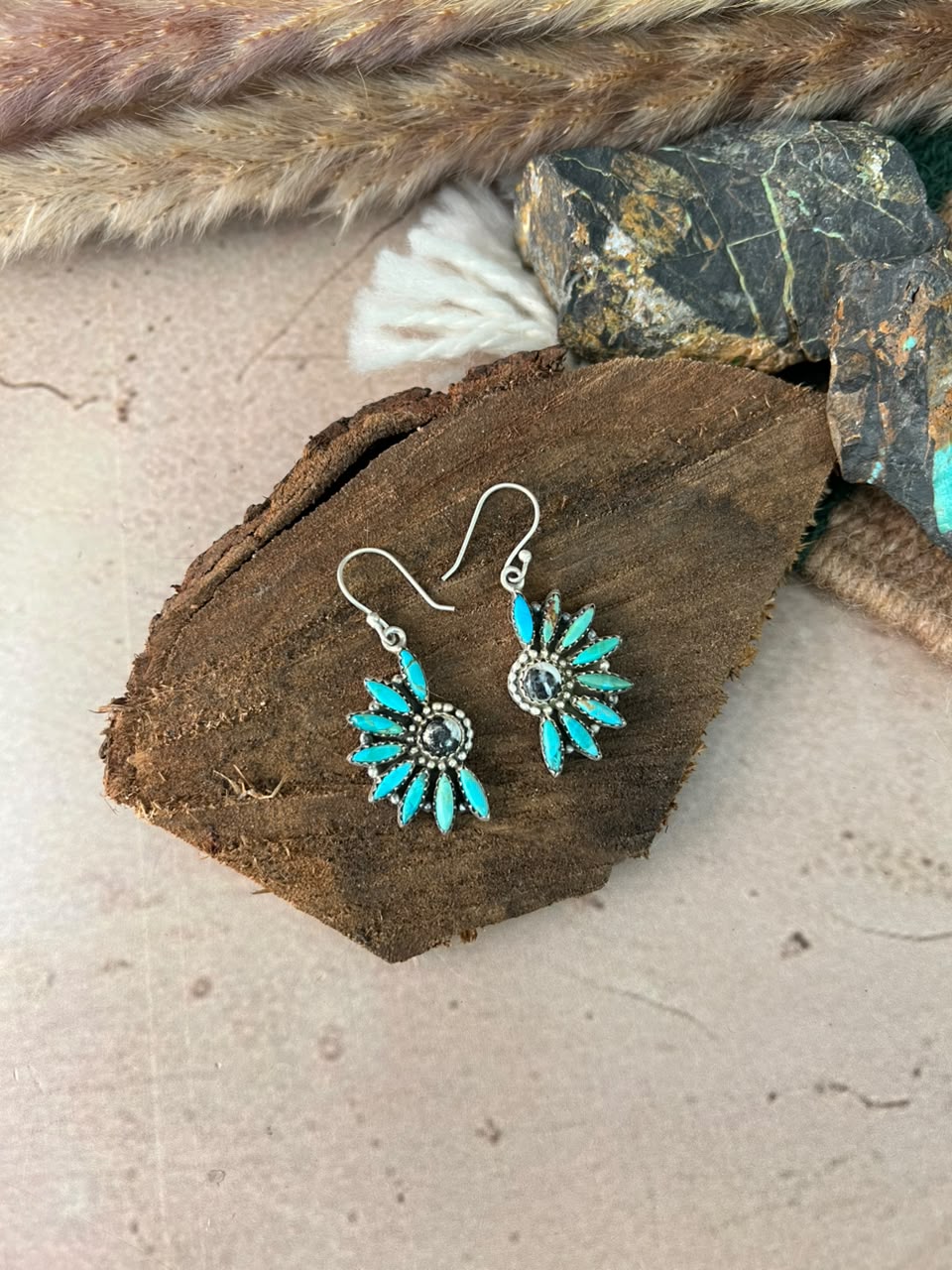 Handmade Sterling Silver Kingman Turquoise with White Buffalo Hook Dangle Earrings Signed Nizhoni