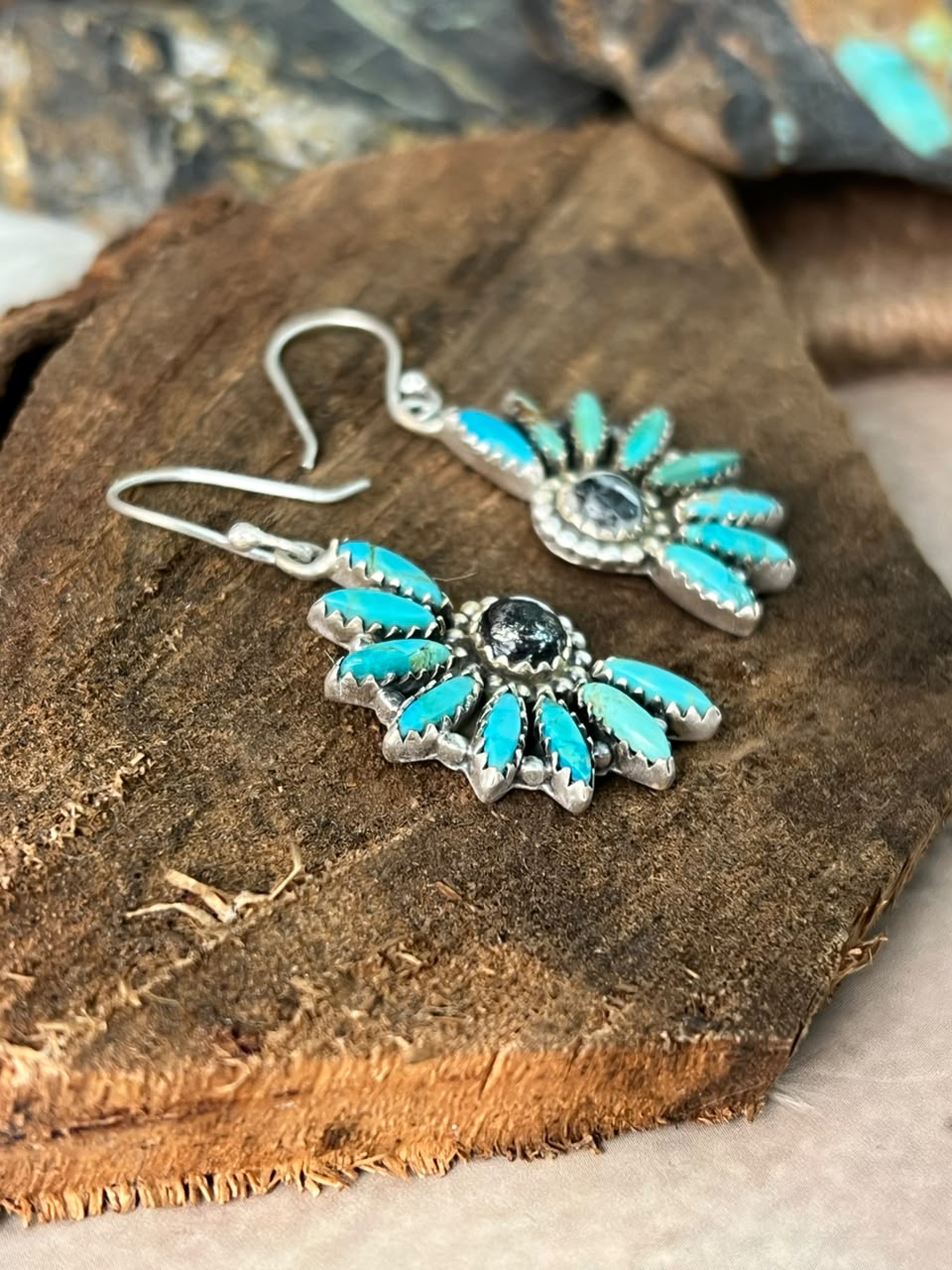 Handmade Sterling Silver Kingman Turquoise with White Buffalo Hook Dangle Earrings Signed Nizhoni