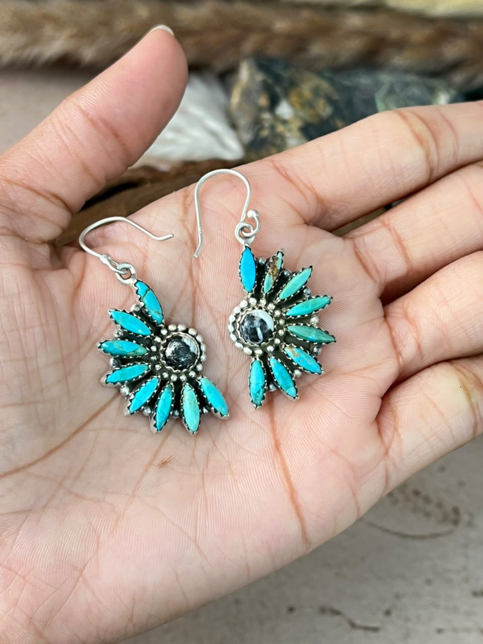 Handmade Sterling Silver Kingman Turquoise with White Buffalo Hook Dangle Earrings Signed Nizhoni