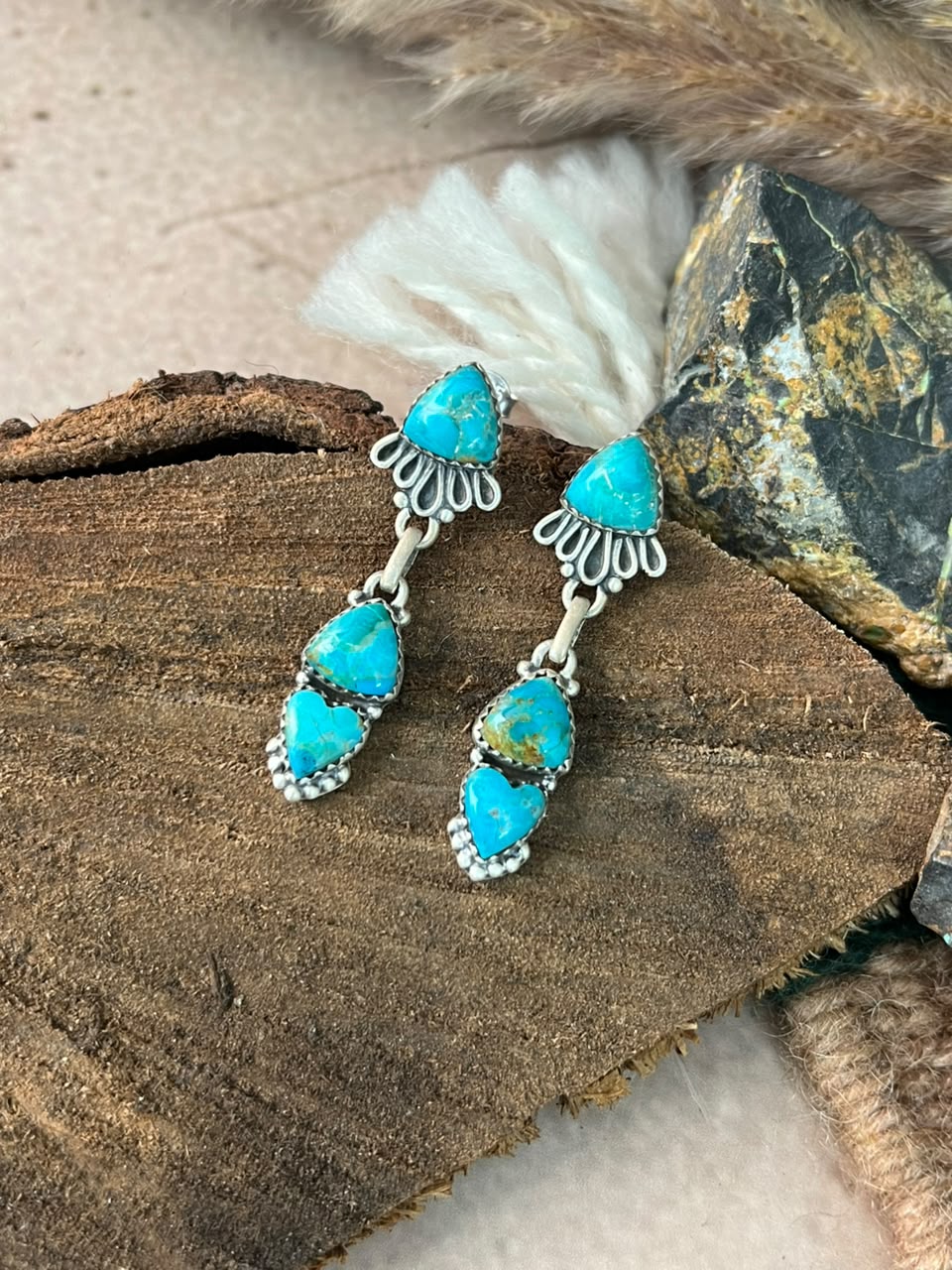 Handmade Sterling Silver Kingman Turquoise Post Dangle Earrings Signed Nizhoni