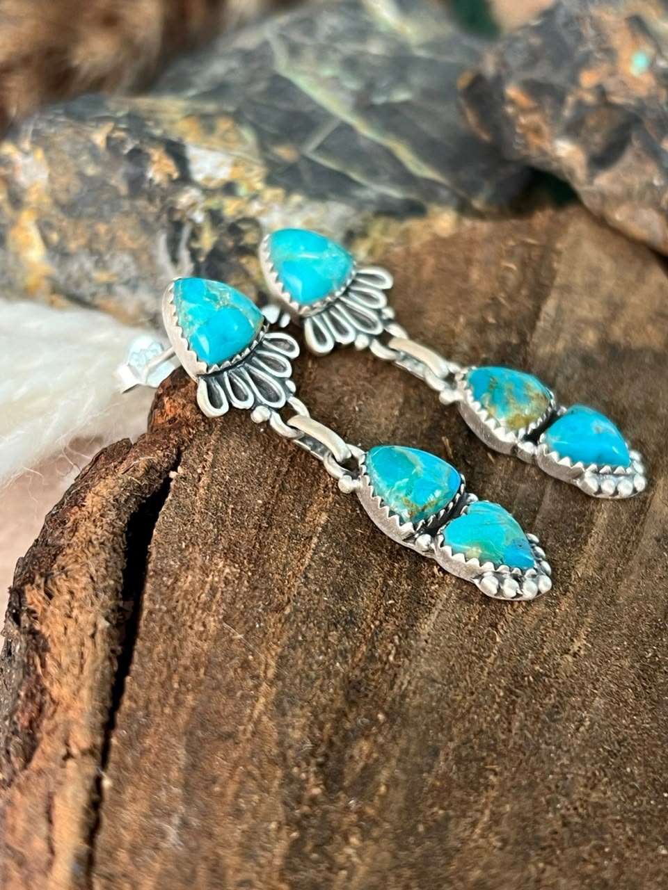 Handmade Sterling Silver Kingman Turquoise Post Dangle Earrings Signed Nizhoni