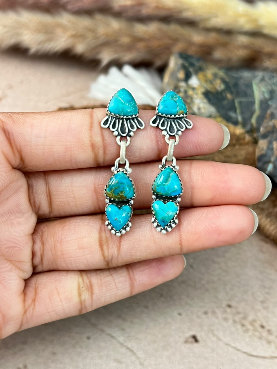 Handmade Sterling Silver Kingman Turquoise Post Dangle Earrings Signed Nizhoni