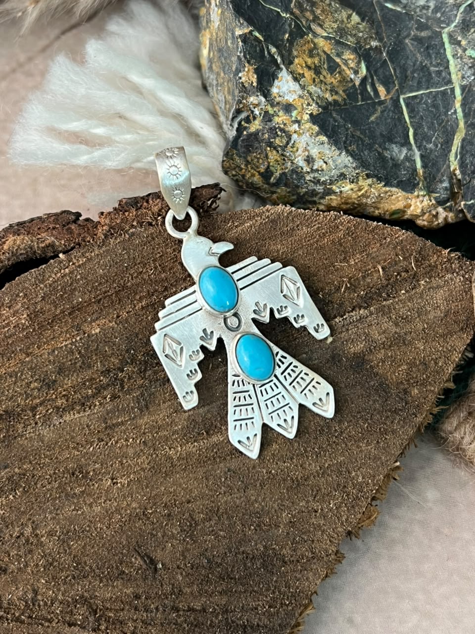 Handmade Sterling Silver Kingman Turquoise Thunderbird Pendant Signed Nizhoni