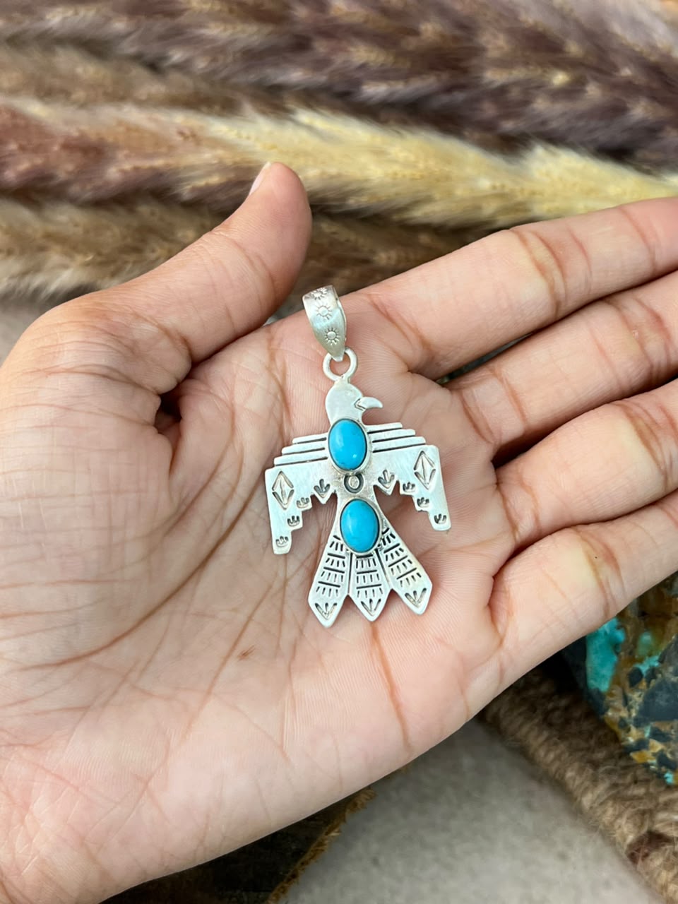 Handmade Sterling Silver Kingman Turquoise Thunderbird Pendant Signed Nizhoni