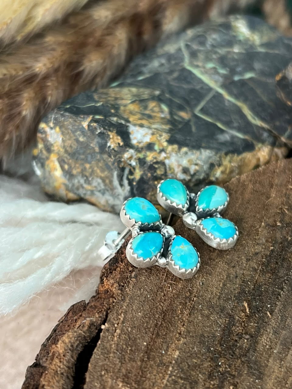 Handmade Sterling Silver Kingman Turquoise Post Studs Earrings Signed Nizhoni