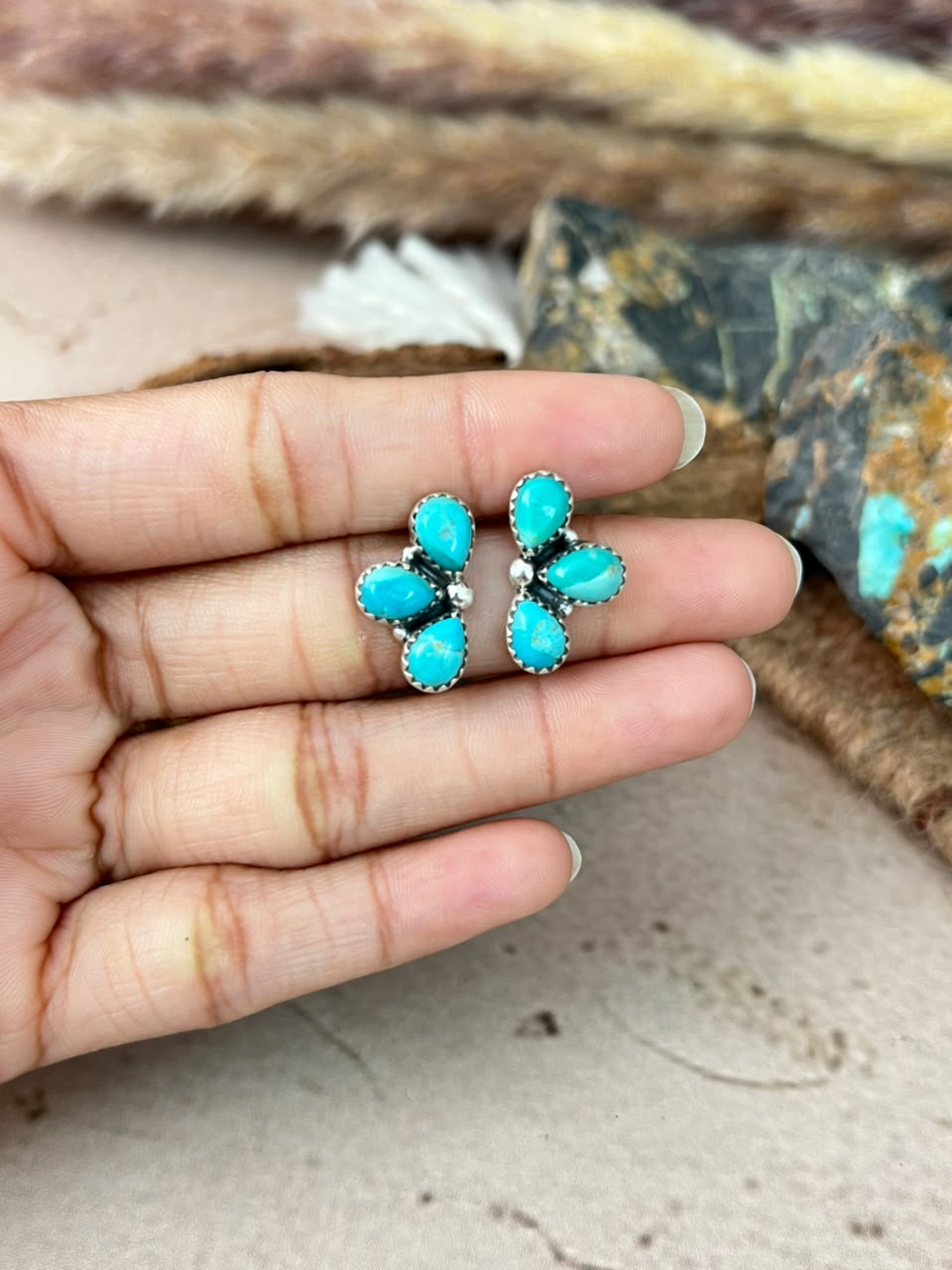 Handmade Sterling Silver Kingman Turquoise Post Studs Earrings Signed Nizhoni