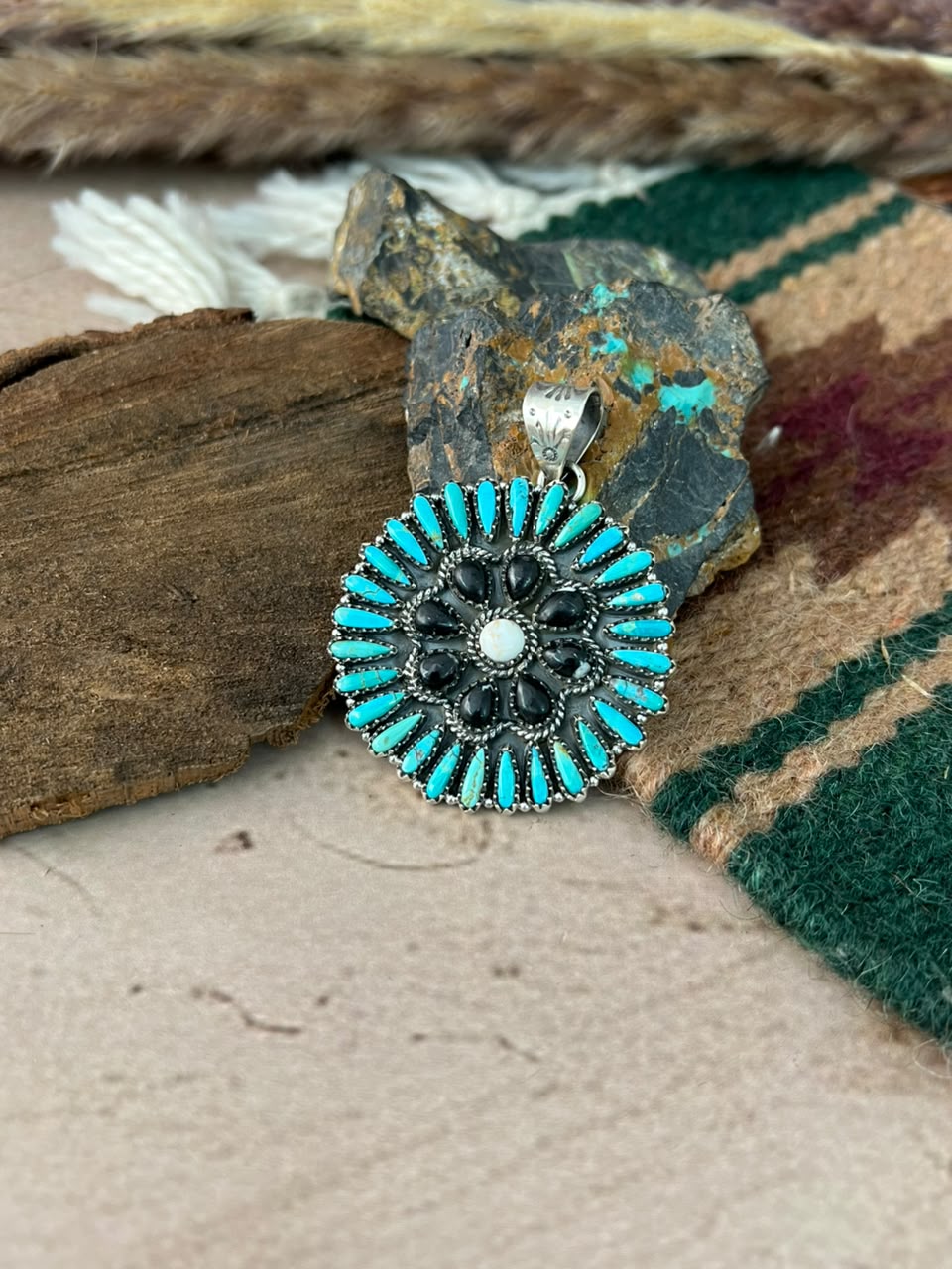 Handmade Sterling Silver Kingman Turquoise with White Buffalo Pendant Signed Nizhoni (4)