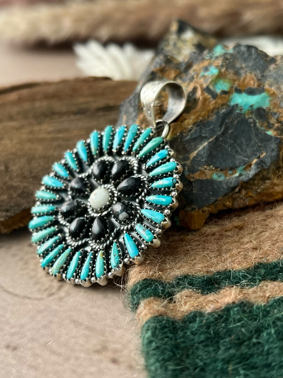 Handmade Sterling Silver Kingman Turquoise with White Buffalo Pendant Signed Nizhoni (4)