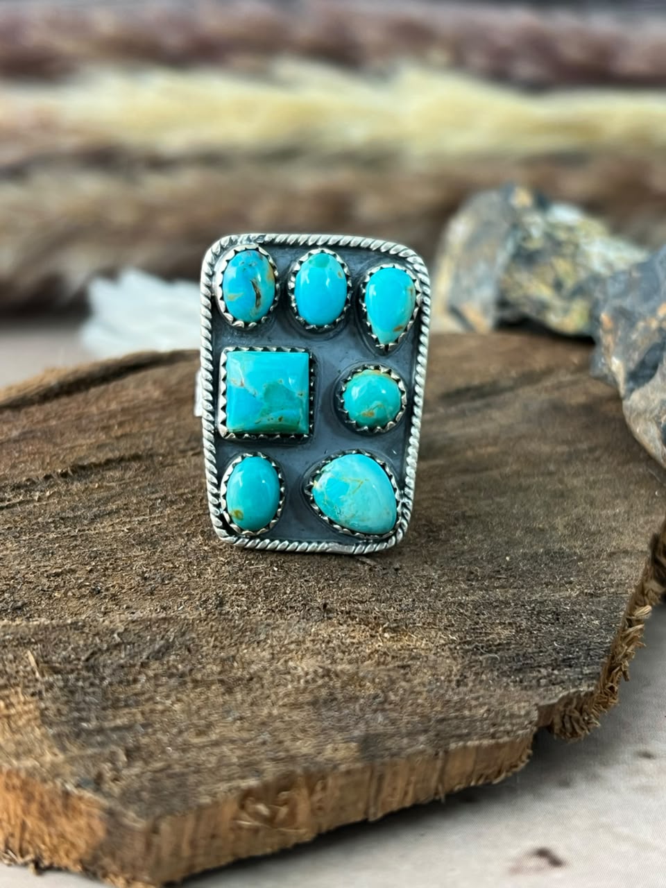 Handmade Sterling Silver Kingman Turquoise Adjustable Ring Signed Nizhoni