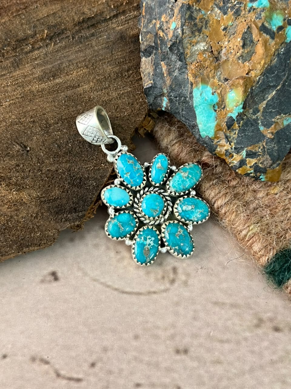 Handmade Sterling Silver White Water Turquoise Pendant Signed Nizhoni (8)