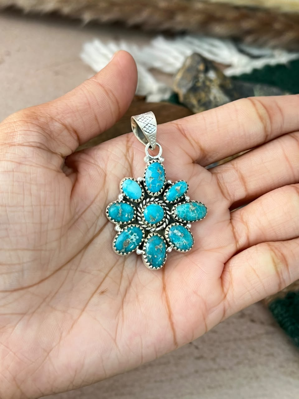 Handmade Sterling Silver White Water Turquoise Pendant Signed Nizhoni (8)