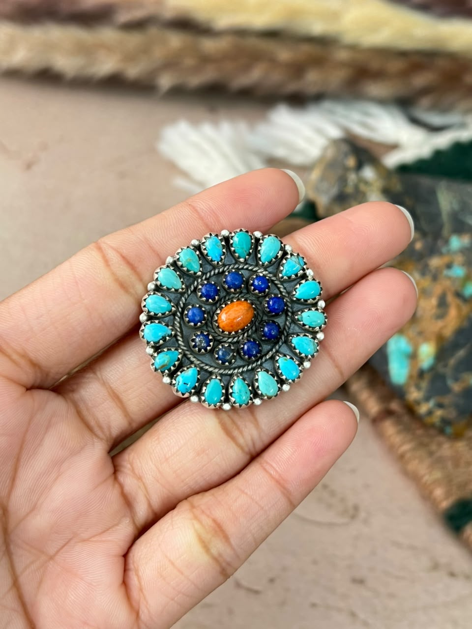 Handmade Sterling Silver Kingman Turquoise with Lapis and Orange Mojave Adjustable Ring Signed Nizhoni
