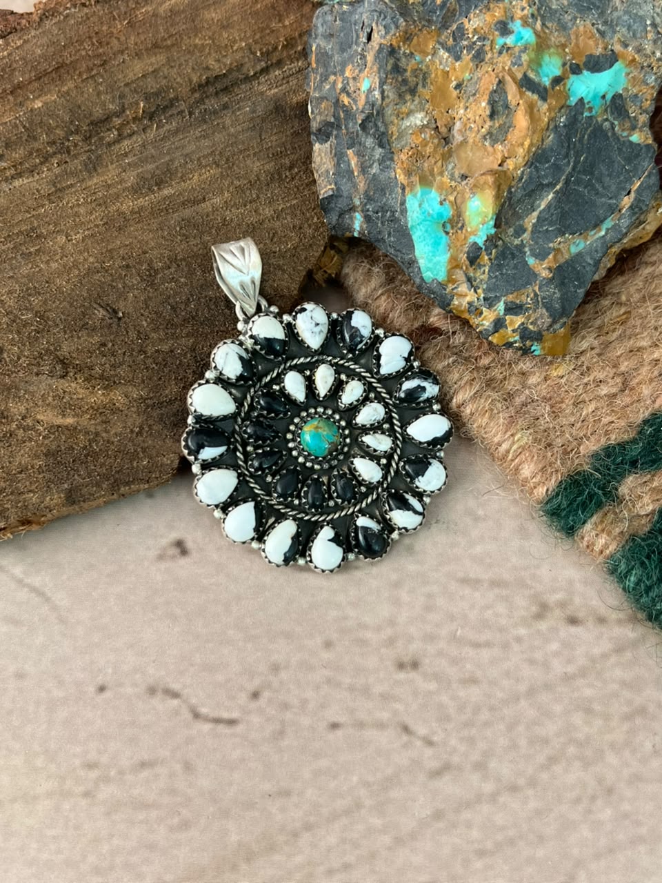 Handmade Sterling Silver Kingman Turquoise with White Buffalo Pendant Signed Nizhoni