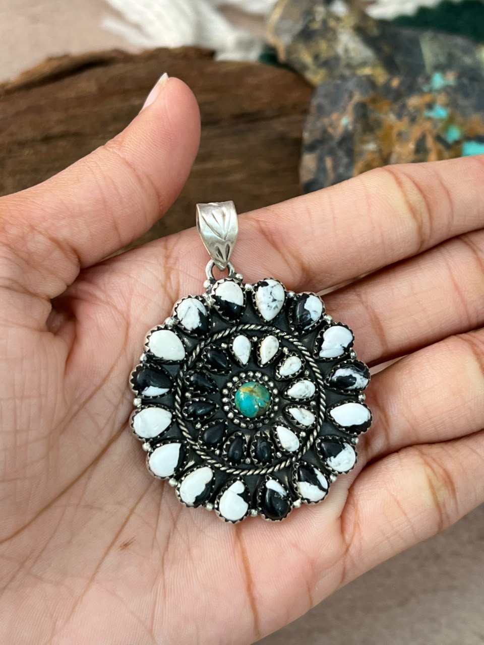 Handmade Sterling Silver Kingman Turquoise with White Buffalo Pendant Signed Nizhoni