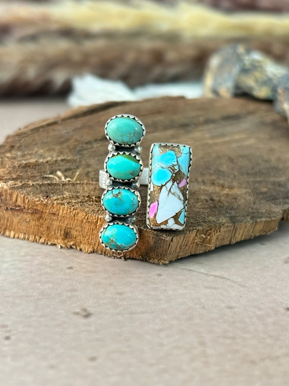 Handmade Sterling Silver Cotton Candy with Kingman Turquoise Adjustable Ring Signed Nizhoni