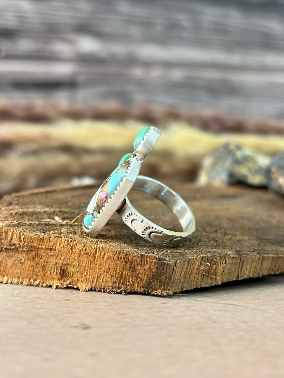 Handmade Sterling Silver Cotton Candy with Kingman Turquoise Adjustable Ring Signed Nizhoni