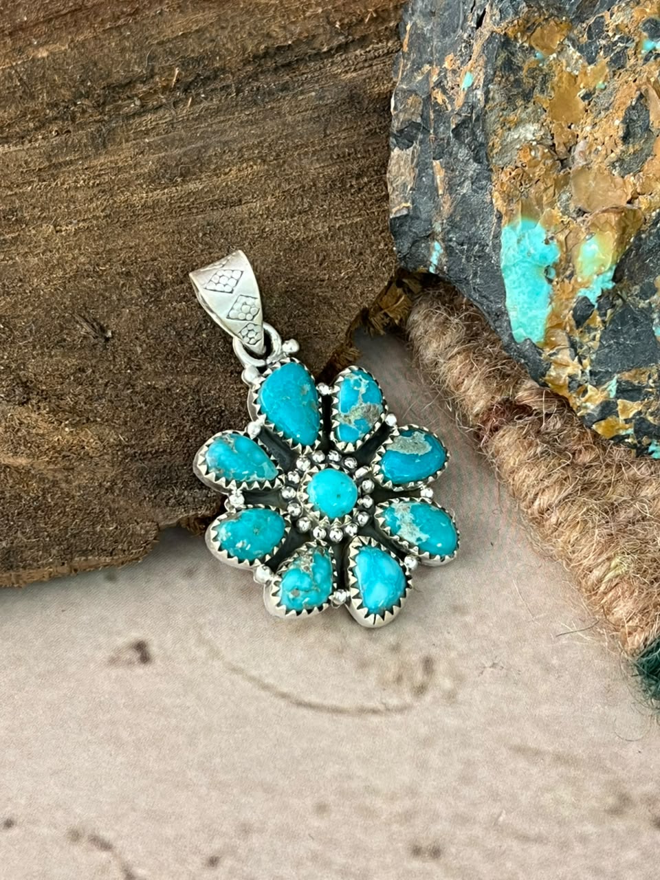 Handmade Sterling Silver White Water Turquoise Pendant Signed Nizhoni