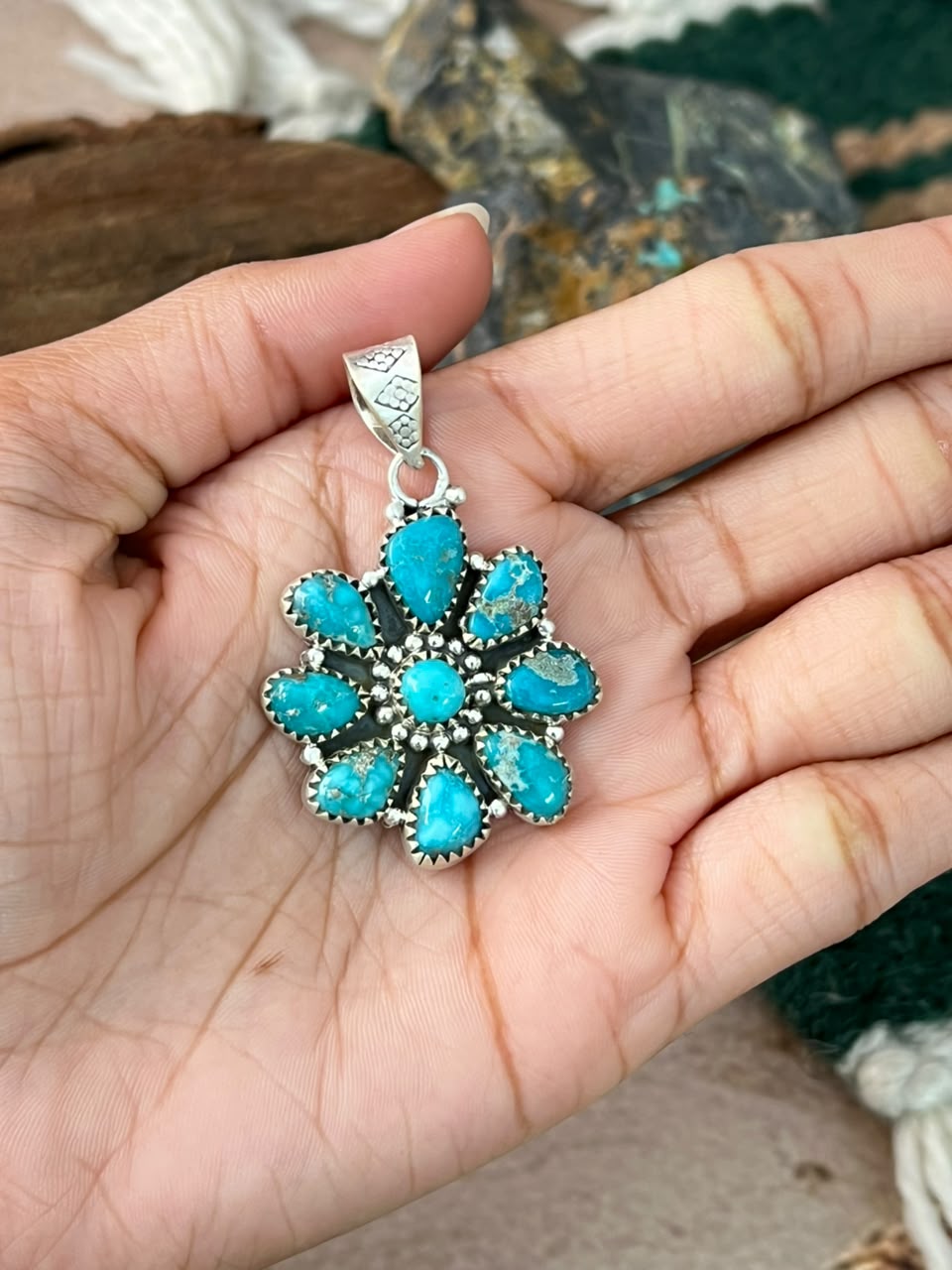 Handmade Sterling Silver White Water Turquoise Pendant Signed Nizhoni