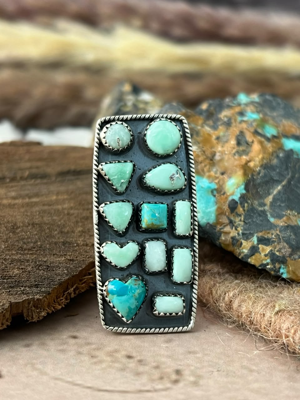 Handmade Sterling Silver Kingman with Paloma Turquoise Adjustable Ring Signed Nizhoni