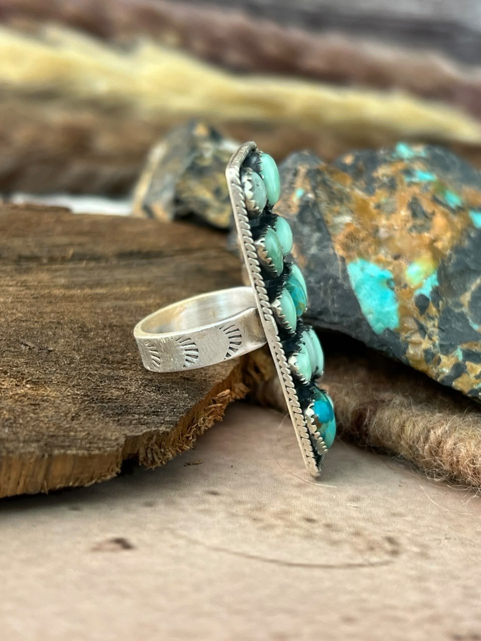 Handmade Sterling Silver Kingman with Paloma Turquoise Adjustable Ring Signed Nizhoni