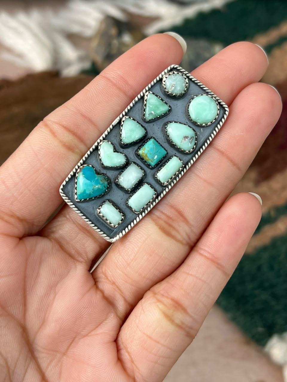 Handmade Sterling Silver Kingman with Paloma Turquoise Adjustable Ring Signed Nizhoni