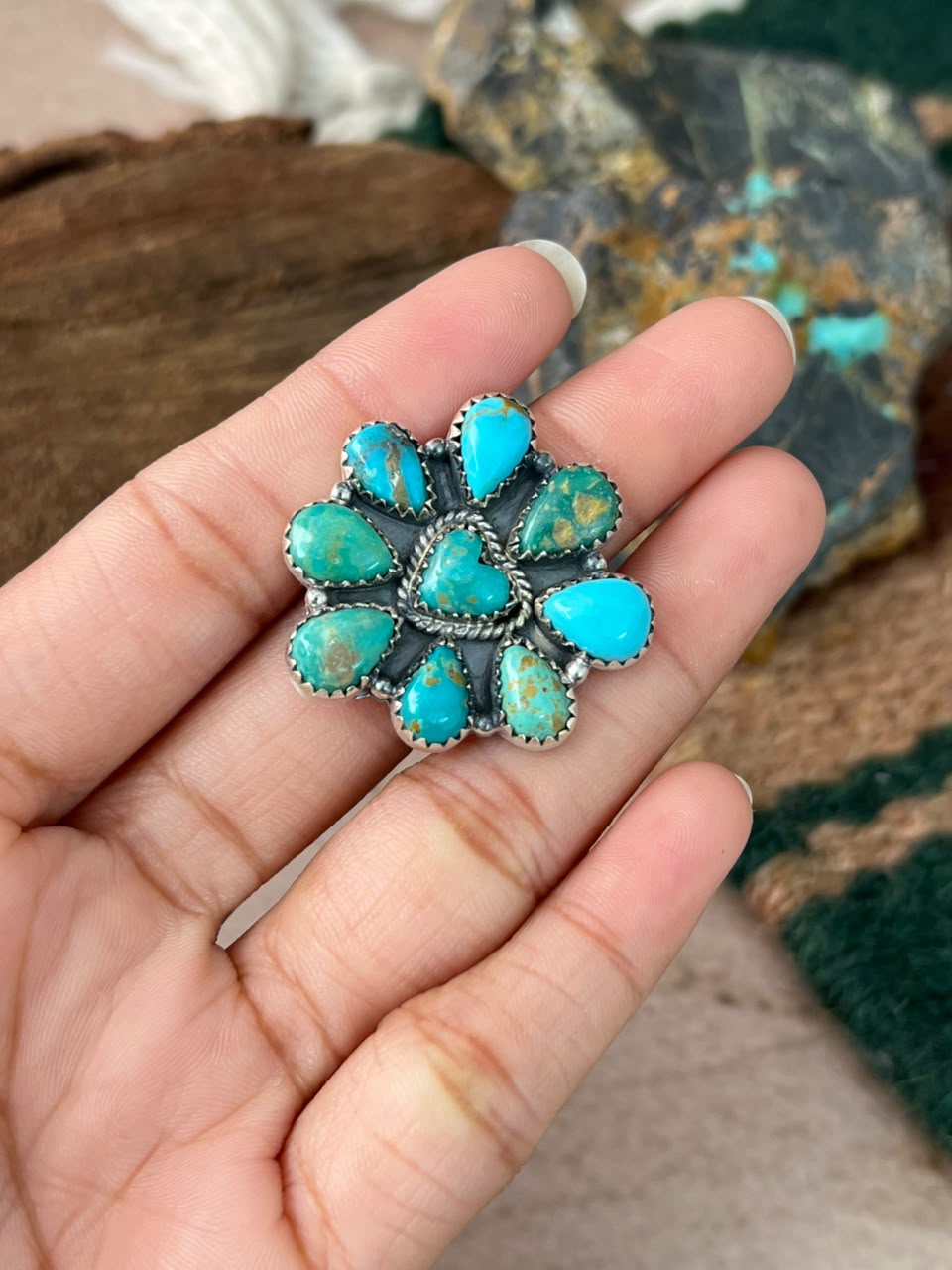 Handmade Sterling Silver Hachita Turquoise Adjustable Ring Signed Nizhoni