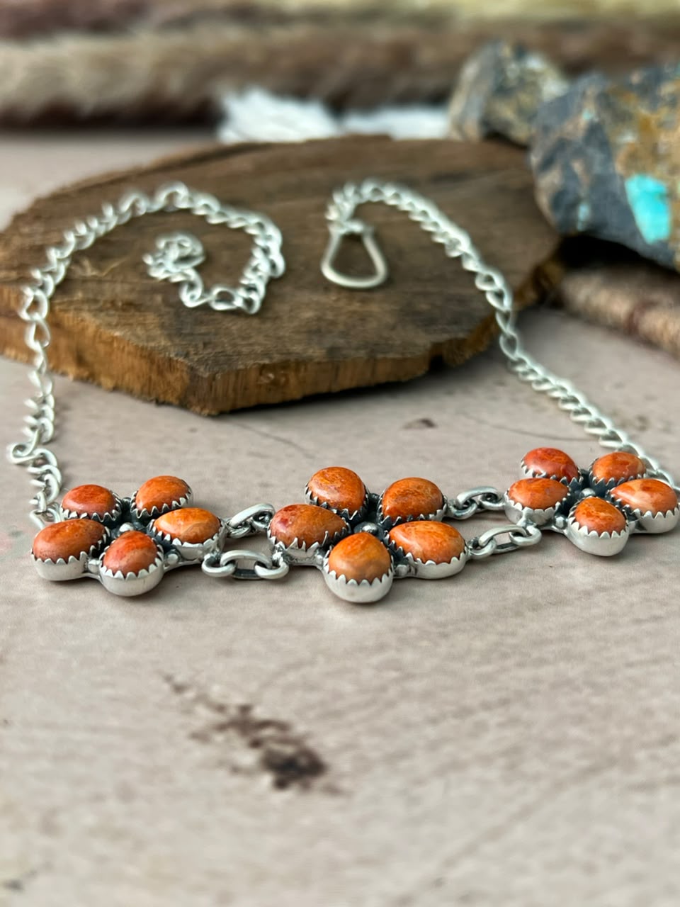 Handmade Sterling Silver Orange Mojave Choker Necklace Signed Nizhoni