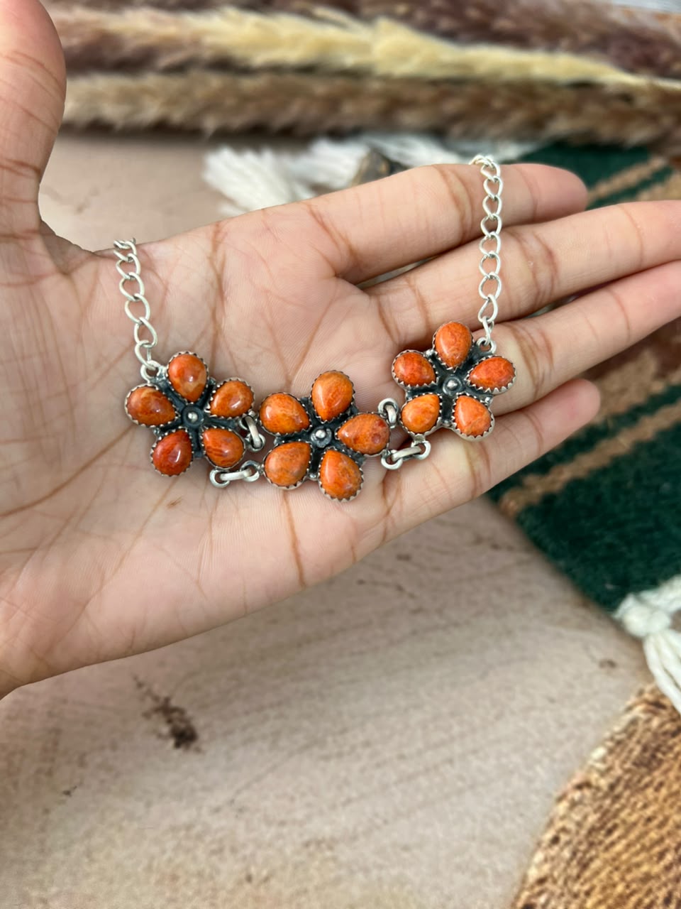 Handmade Sterling Silver Orange Mojave Choker Necklace Signed Nizhoni