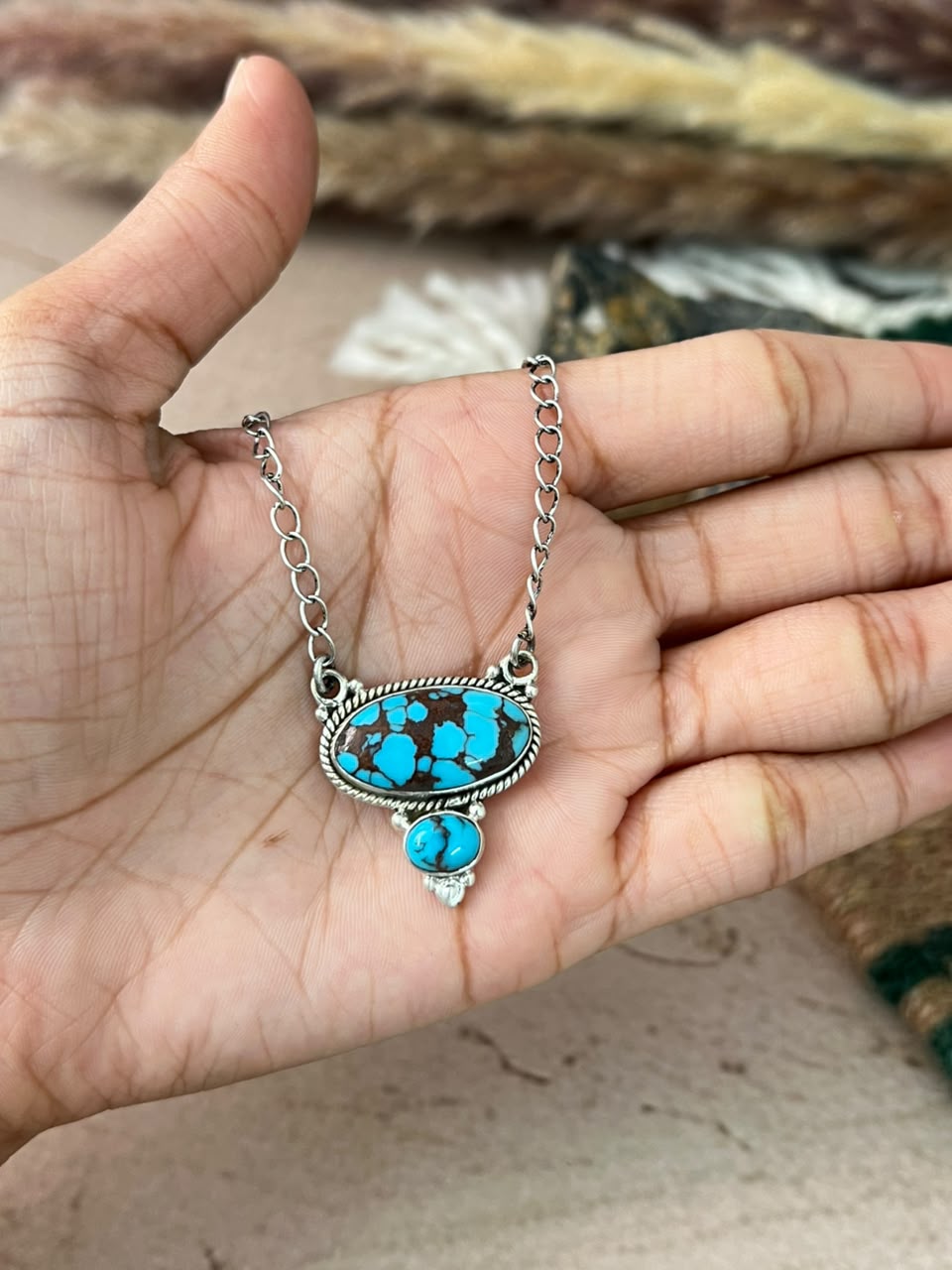 Handmade Sterling Silver Egyptian Turquoise Necklace Signed Nizhoni