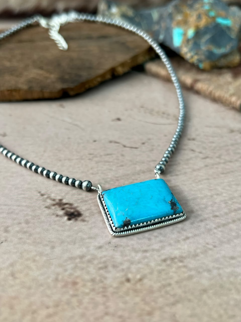 Handmade Sterling Silver Blue Kingman Turquoise Beaded Necklace Signed Nizhoni