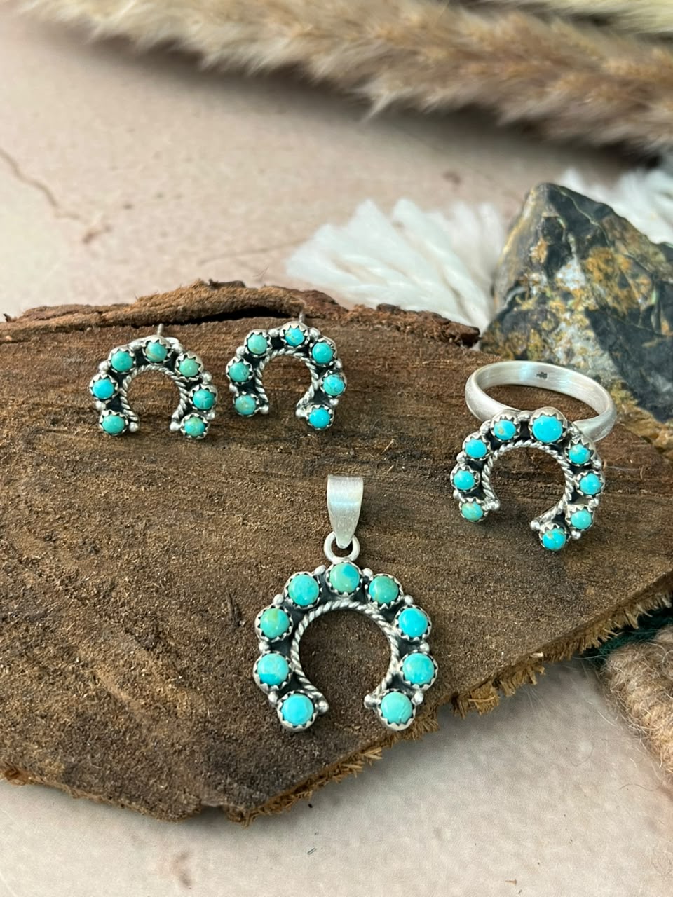 Handmade Sterling Silver Kingman Turquoise Naja Pendant Ring and Earrings Set Signed Nizhoni