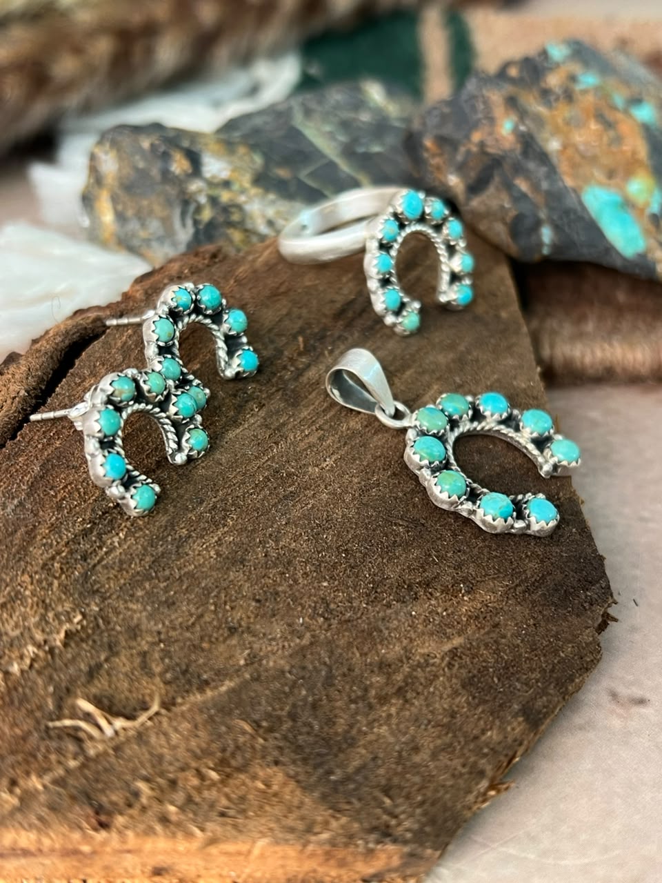 Handmade Sterling Silver Kingman Turquoise Naja Pendant Ring and Earrings Set Signed Nizhoni