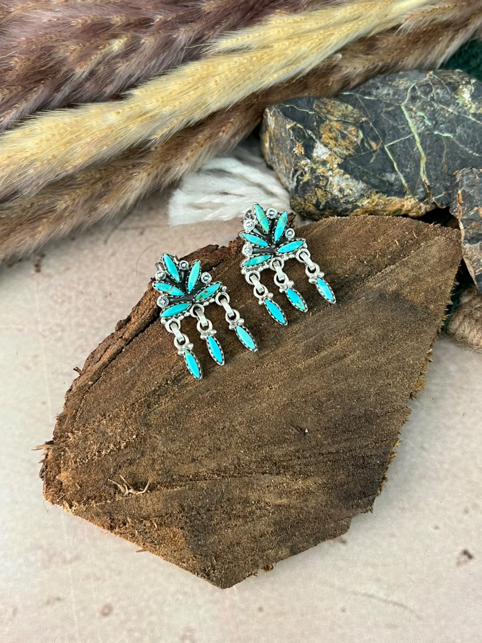 Handmade Sterling Silver Kingman Turquoise Post Dangle Earrings Signed Nizhoni