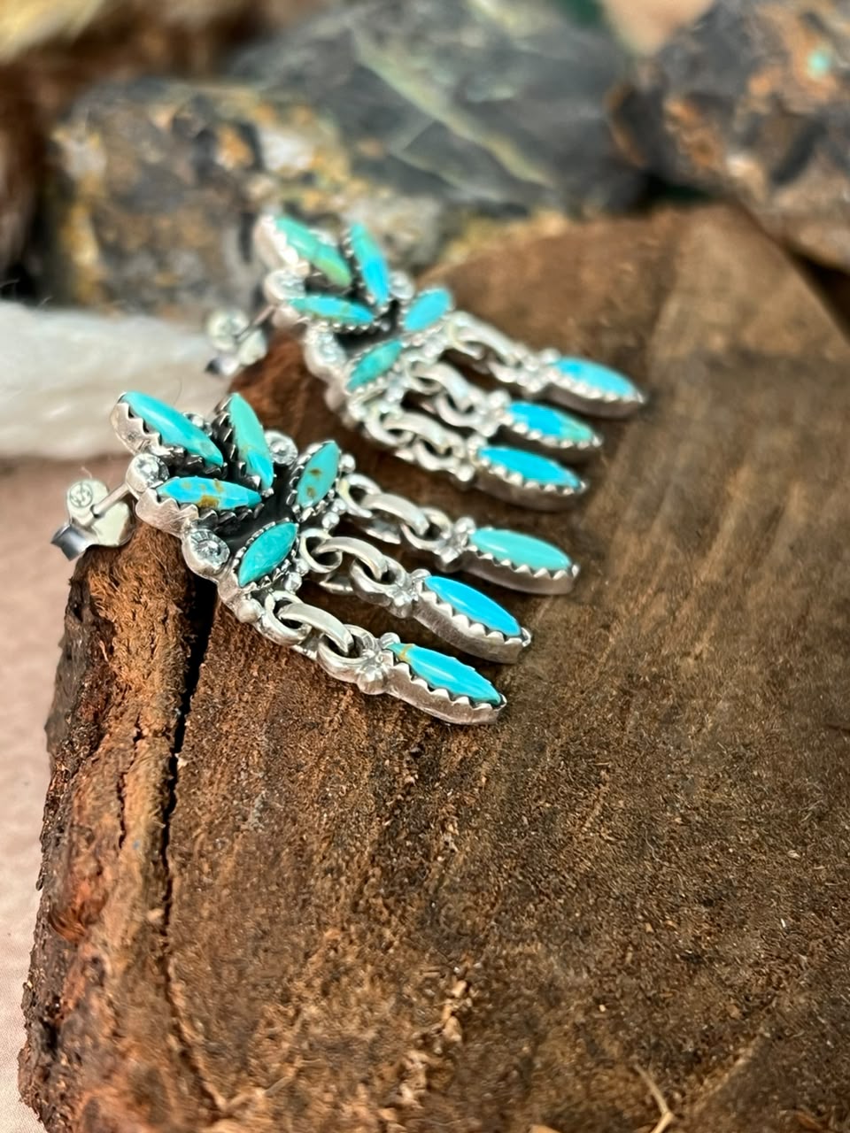 Handmade Sterling Silver Kingman Turquoise Post Dangle Earrings Signed Nizhoni
