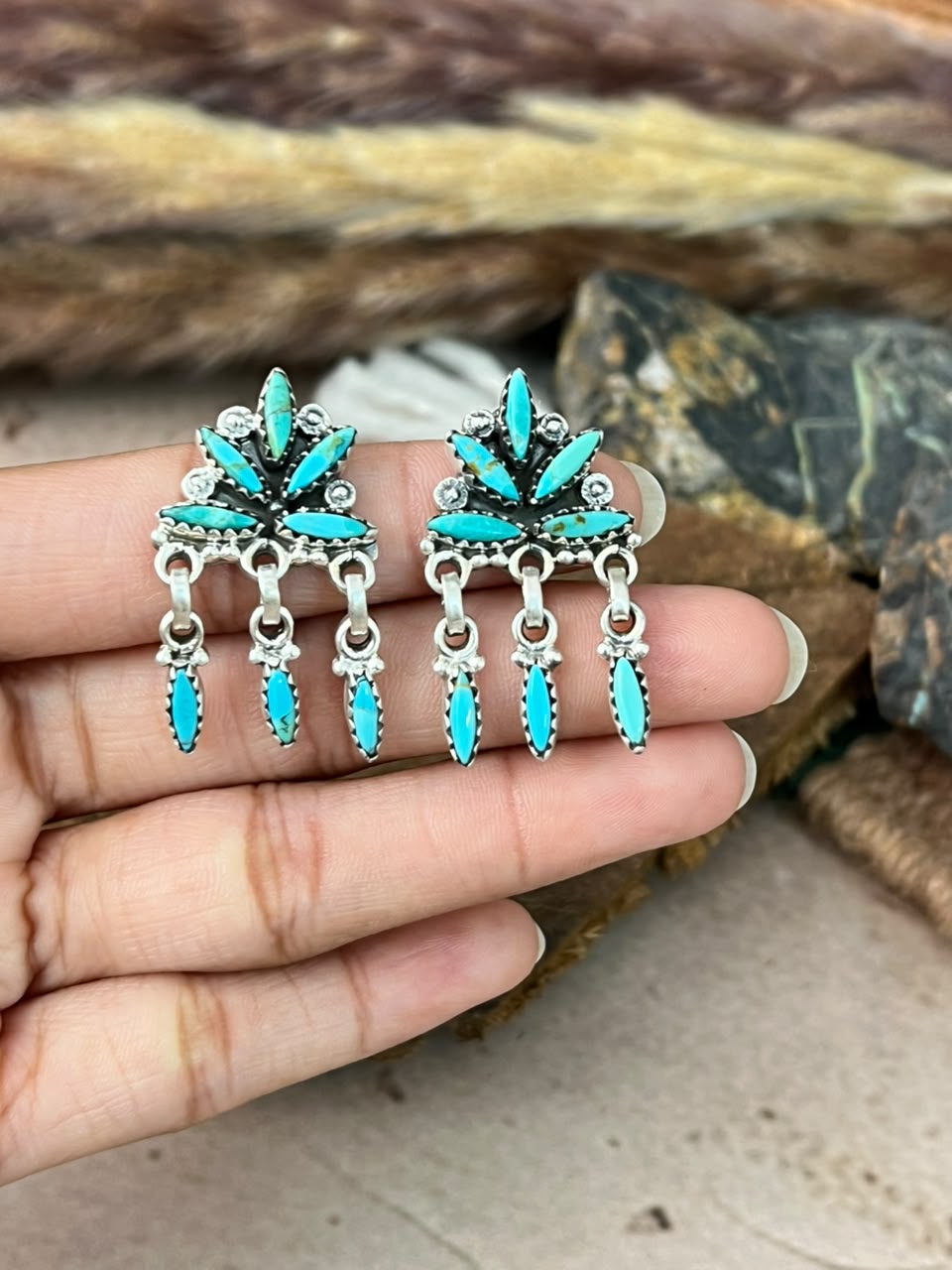 Handmade Sterling Silver Kingman Turquoise Post Dangle Earrings Signed Nizhoni