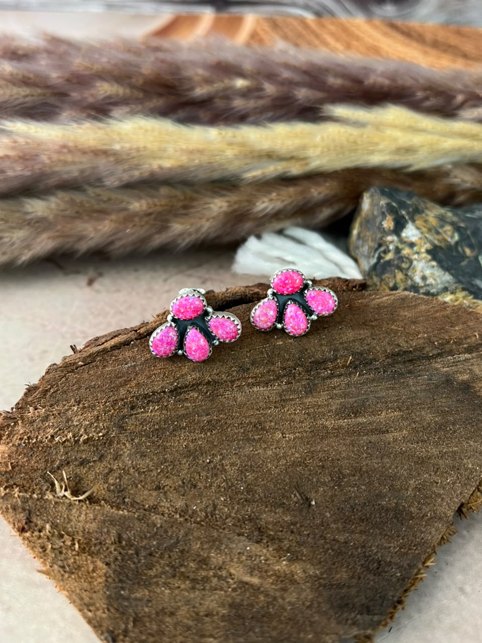 Handmade Sterling Silver Hot Pink Post Studs Earrings Signed Nizhoni