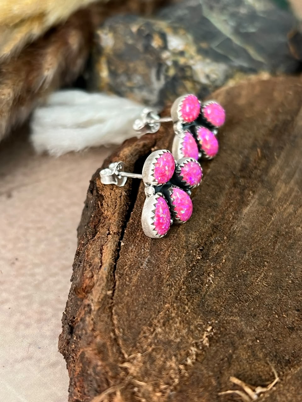 Handmade Sterling Silver Hot Pink Post Studs Earrings Signed Nizhoni