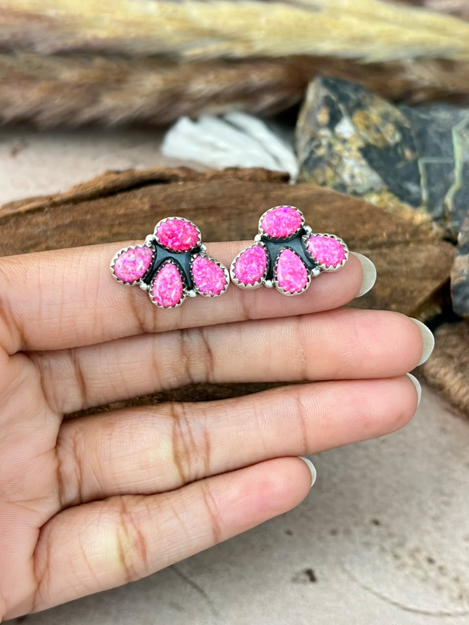 Handmade Sterling Silver Hot Pink Post Studs Earrings Signed Nizhoni