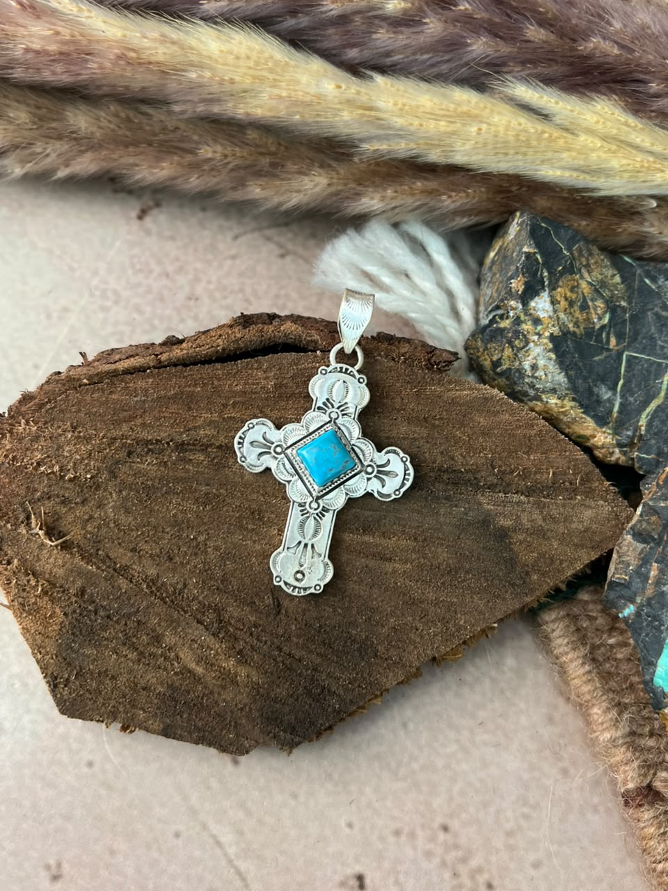Handmade Sterling Silver Kingman Turquoise Cross Pendant Signed Nizhoni •99