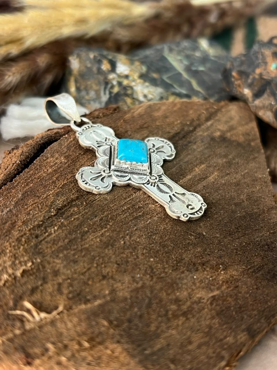 Handmade Sterling Silver Kingman Turquoise Cross Pendant Signed Nizhoni •99