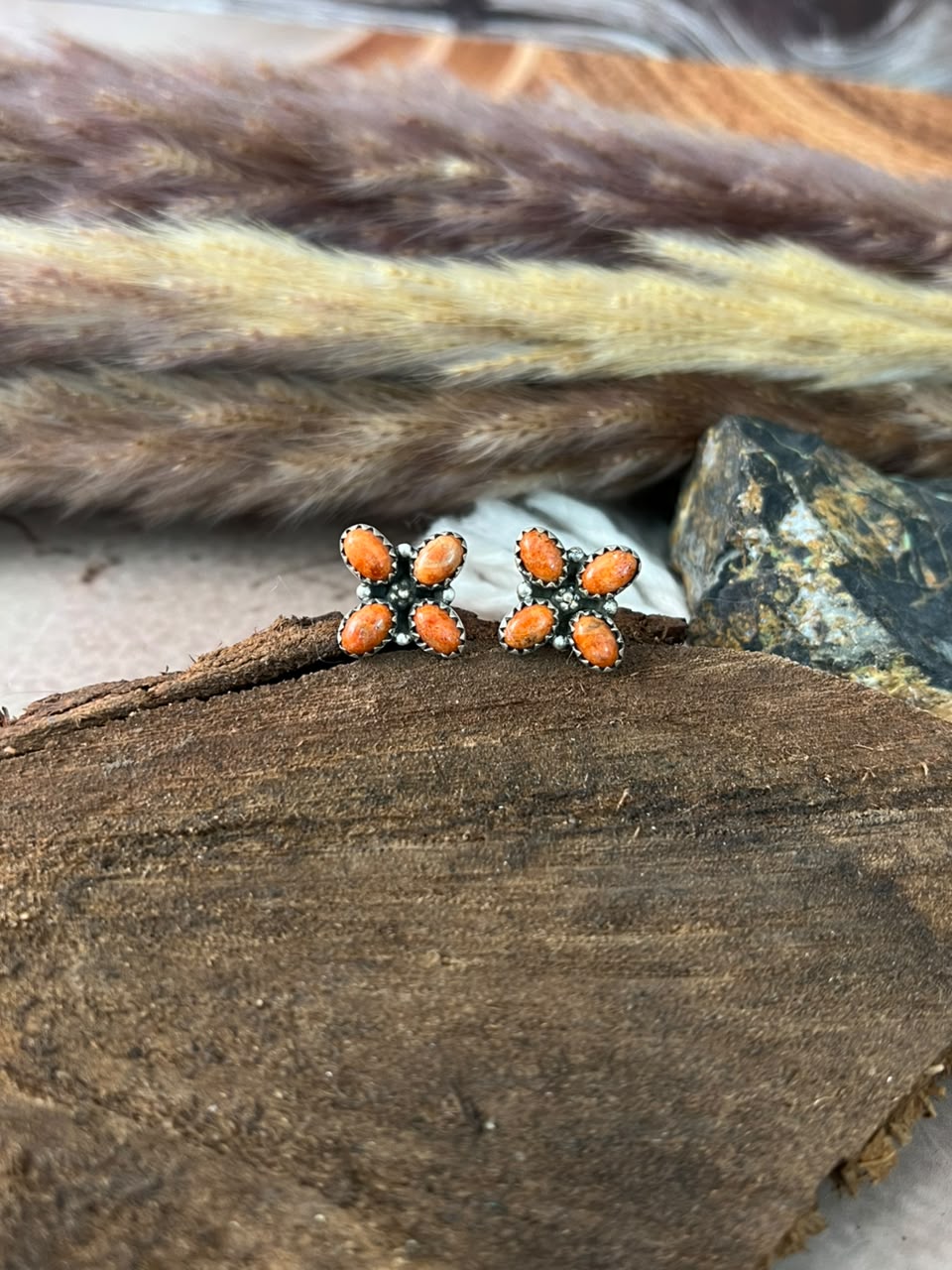Handmade Sterling Silver Orange Mojave Post Studs Earrings Signed Nizhoni
