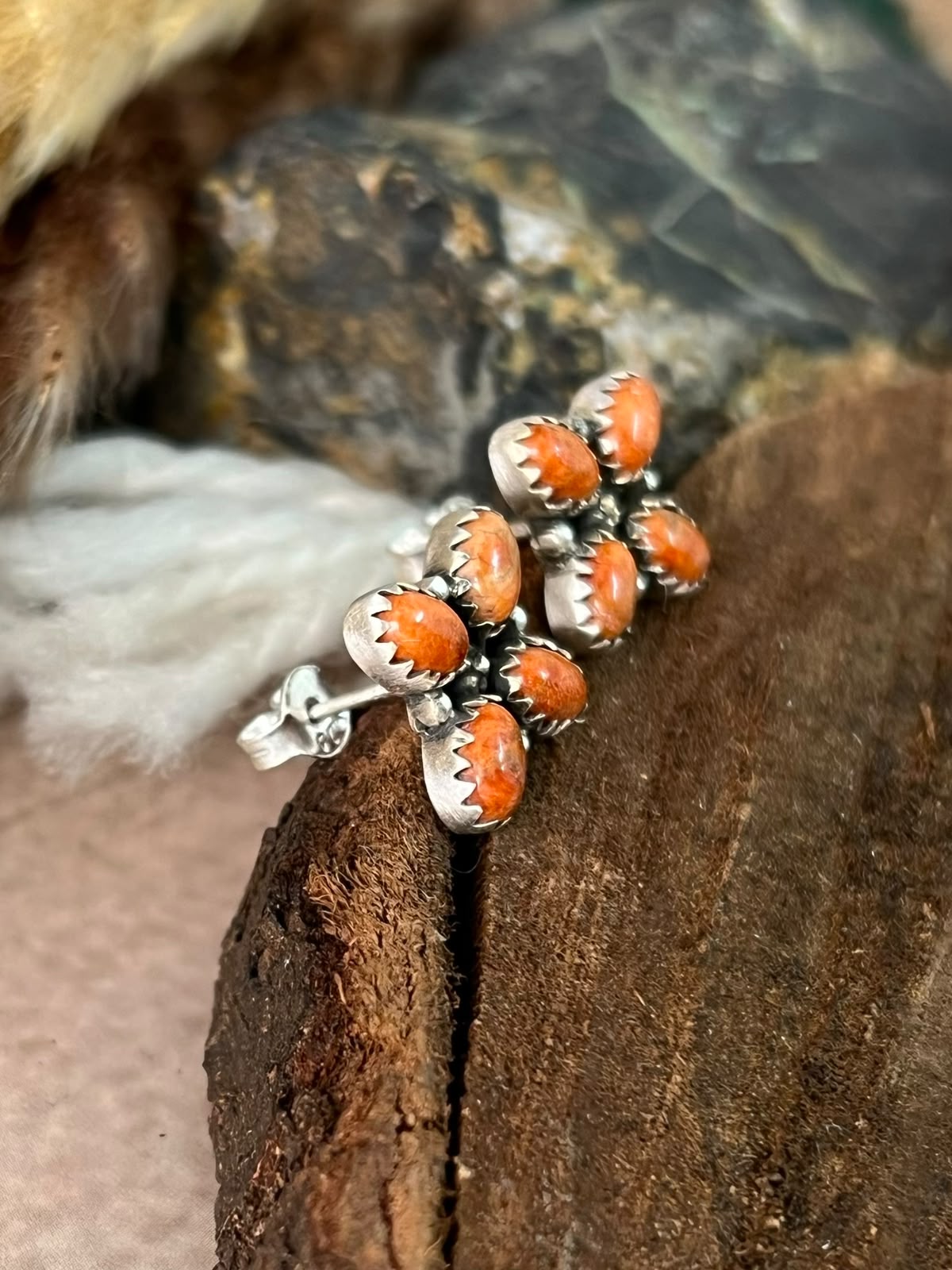 Handmade Sterling Silver Orange Mojave Post Studs Earrings Signed Nizhoni