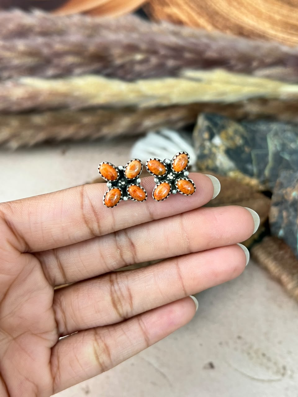 Handmade Sterling Silver Orange Mojave Post Studs Earrings Signed Nizhoni