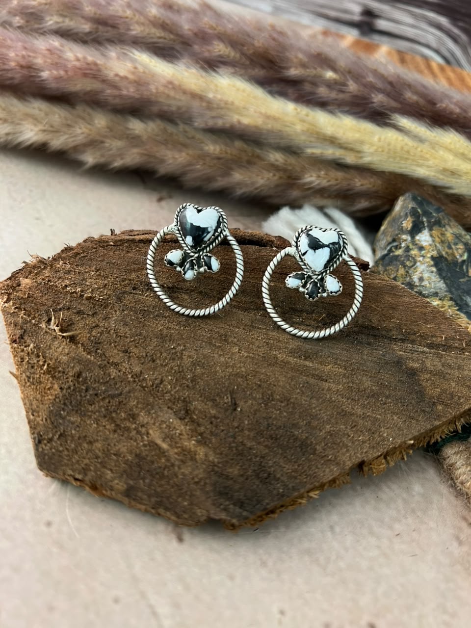 Handmade Sterling Silver White Buffalo Post Hoop Earrings Signed Nizhoni