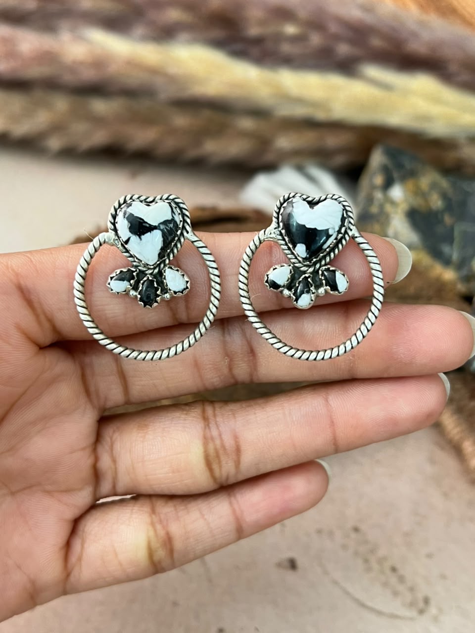 Handmade Sterling Silver White Buffalo Post Hoop Earrings Signed Nizhoni