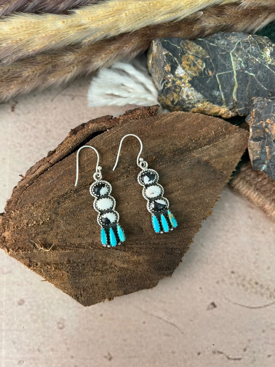 Handmade Sterling Silver Kingman Turquoise with White Buffalo Hook Dangle Earrings Signed Nizhoni