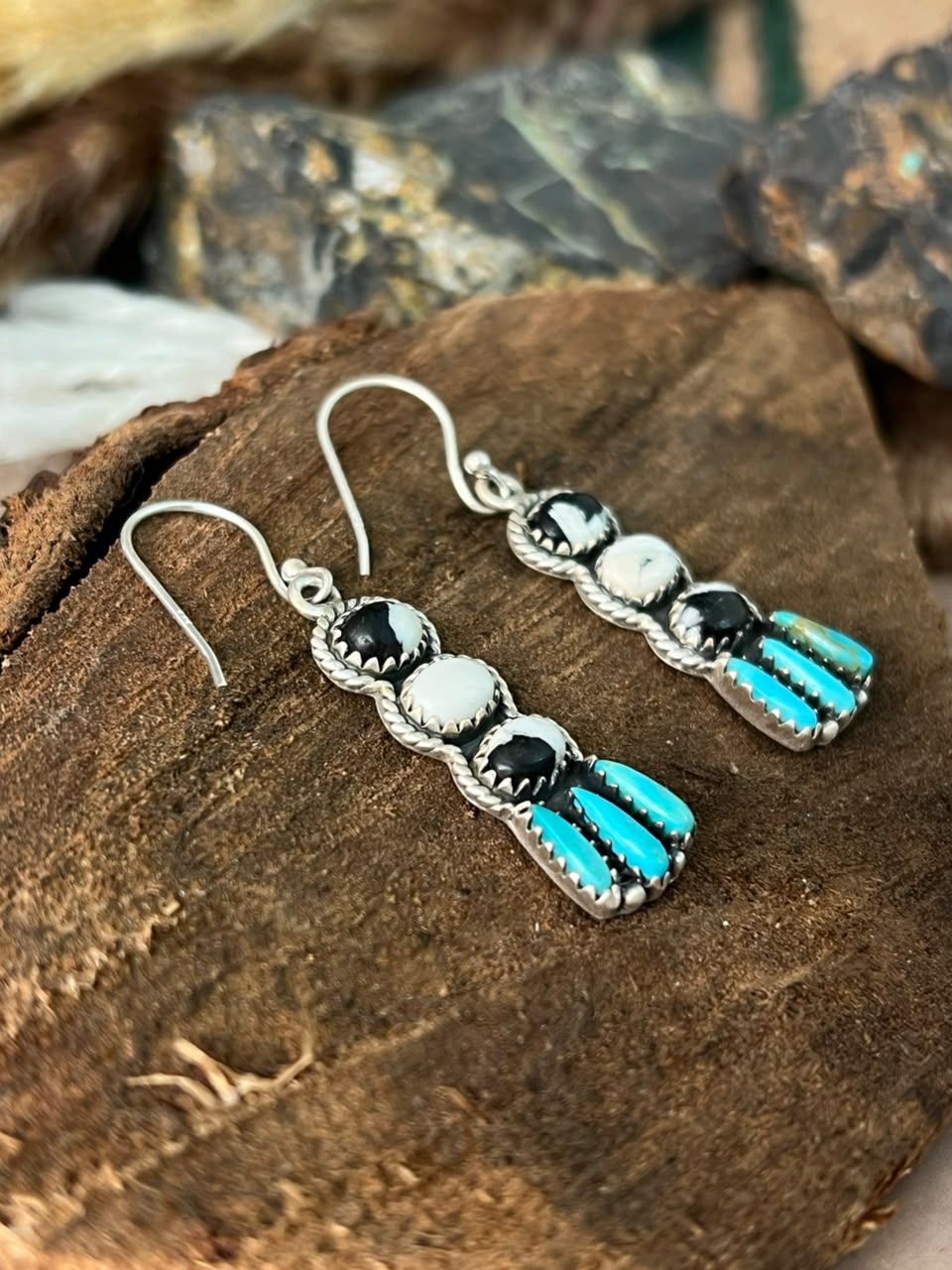 Handmade Sterling Silver Kingman Turquoise with White Buffalo Hook Dangle Earrings Signed Nizhoni